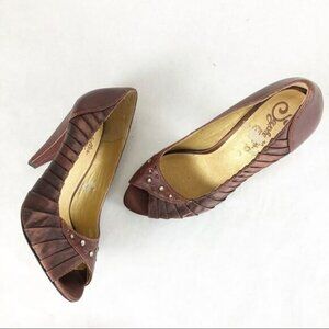 Seychelles Satin/Leather Embellished Peep Toe Heel